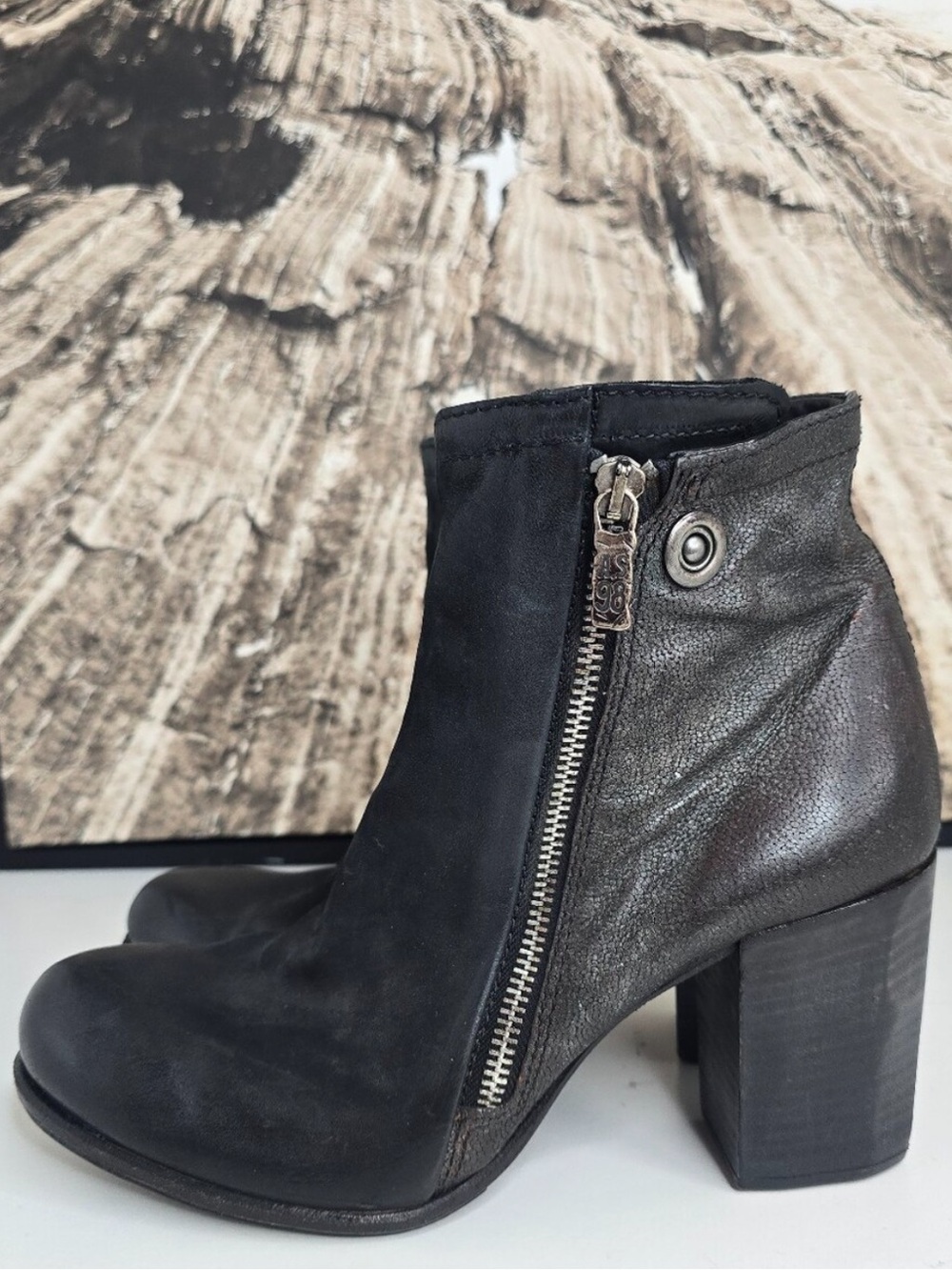 A.S.98 Airstep Luxurious Black Distressed Leather Ankle Booties. Side Zip
